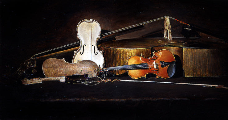 oil painting of a still life of violin, cella, viola, and upright bass
