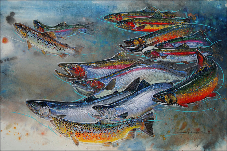 pastel painting of a school of vibrant sockeye salmon