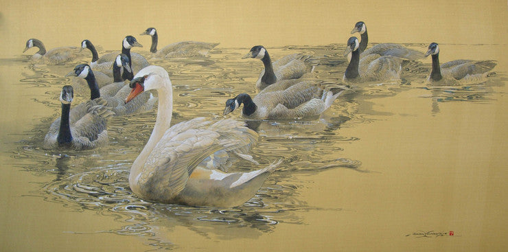 silk painting of a swan in front of a gaggle of geese